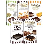 Lacasa pack 5 tabletas de chocolate:leche avellanas, naranja chocolate negro,leche pistacho 90g,cacao 92%, avellana 200g