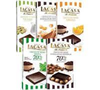 Lacasa pack 5 tabletas de chocolate:leche avellanas, naranja chocolate negro,leche pistacho 90g, menta y chocolate, avellana 200g