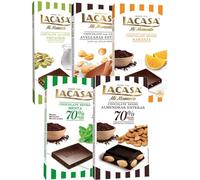 Lacasa pack 5 tabletas de chocolate:leche avellanas , naranja chocolate negro ,leche pistacho 90g, menta y chocolate , almendra 200g