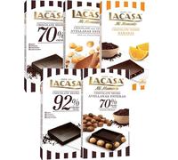 Lacasa pack 5 tabletas de chocolate:leche avellanas, naranja chocolate negro,negro 100g,cacao 92%, avellana 200g