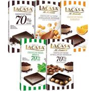 Lacasa pack 5 tabletas de chocolate:leche avellanas, naranja chocolate negro,negro 100g, menta y chocolate, avellana 200g