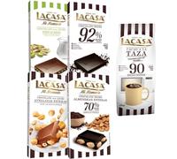 Lacasa pack 5 tabletas de chocolate: taza 90 segundos 350g,leche avellanas 100g,leche pistacho 90g,cacao 92% 100g, almendra 200g