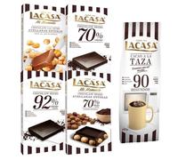 Lacasa pack 5 tabletas de chocolate: taza 90 segundos 350g,leche avellanas,negro,cacao 92%, avellana 200g