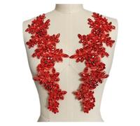 Lace Applique Parche de encaje con cristales 3D cristal for coser en vestidos novia, disfraces y batas(Red)
