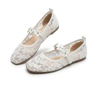 Lace Ballet Flats for Women, Summer Square Toe Mesh Bow Knot, Lightweight Breathable Slip On Shoes, Comfortable Casual Party Flats, Sheer Floral Mary Jane Ballerina. (White Leaf,37)