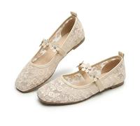 Lace Ballet Flats for Women, Summer Square Toe Mesh Bow Knot, Lightweight Breathable Slip On Shoes, Comfortable Casual Party Flats, Sheer Floral Mary Jane Ballerina. (Beige Leaf,40)