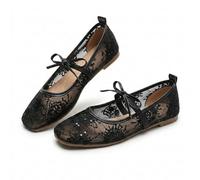 Lace Ballet Flats for Women, Summer Square Toe Mesh Bow Knot, Lightweight Breathable Slip On Shoes, Comfortable Casual Party Flats, Sheer Floral Mary Jane Ballerina. (Black Floral,38)