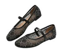 Lace Ballet Flats for Women, Summer Square Toe Mesh Bow Knot, Lightweight Breathable Slip On Shoes, Comfortable Casual Party Flats, Sheer Floral Mary Jane Ballerina. (Black Rhinestone,39)
