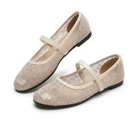 Lace Ballet Flats for Women, Summer Square Toe Mesh Bow Knot, Lightweight Breathable Slip On Shoes, Comfortable Casual Party Flats, Sheer Floral Mary Jane Ballerina. (Beige Rhinestone,42)