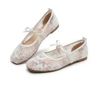 Lace Ballet Flats for Women, Summer Square Toe Mesh Bow Knot, Lightweight Breathable Slip On Shoes, Comfortable Casual Party Flats, Sheer Floral Mary Jane Ballerina. (White Floral,36)