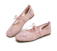 Lace Ballet Flats for Women, Summer Square Toe Mesh Bow Knot, Lightweight Breathable Slip On Shoes, Comfortable Casual Party Flats, Sheer Floral Mary Jane Ballerina. (Pink Floral,37)