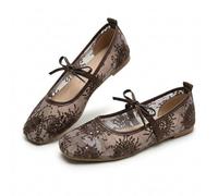 Lace Ballet Flats for Women, Summer Square Toe Mesh Bow Knot, Lightweight Breathable Slip On Shoes, Comfortable Casual Party Flats, Sheer Floral Mary Jane Ballerina. (Coffee Floral,38)