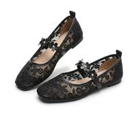 Lace Ballet Flats for Women, Summer Square Toe Mesh Bow Knot, Lightweight Breathable Slip On Shoes, Comfortable Casual Party Flats, Sheer Floral Mary Jane Ballerina. (Black Leaf,38)