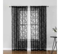 Lace Curtain Pack of 2, Black Floral Embroidered Knitted Jacquard Kitchen Curtains 150 x 200 cm Retro Style