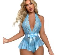Lace Halter Costume Low Cut Erotic Lingerie Sets For Sex Fashion Perspective Teddy Bodysuit Women A-Blue S