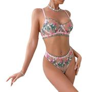 Lace Halter Costume Low Cut Sex Fashion Teddy Bodysuit Women Perspective Erotic Lingerie Sets For A-Pink S