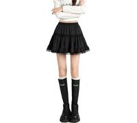 Lace Trim Cake Skirt High Waist Fluffy A-Line Women's Ort Anti-Light Walking Autumn Faion Commute(Black with safety pants,L code recommendation 52.5-60kg)