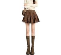 Lace Trim Cake Skirt High Waist Fluffy A-Line Women's Ort Anti-Light Walking Autumn Faion Commute(Brown with safety pants,Xl code recommendation 60-67.5kg)