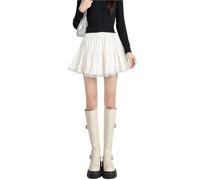 Lace Trim Cake Skirt High Waist Fluffy A-Line Women's Ort Anti-Light Walking Autumn Faion Commute(White with safety pants,S code recommendation 40-47.5kg)