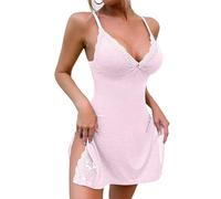 Lace Trim Slit Nightgown Lace Trim Side Sleep Dress Slit Bowknot Decor Sleep Spaghetti Dress Pijama Mujer, Rosa., 3XL