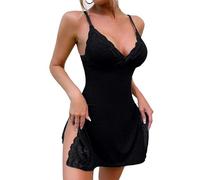 Lace Trim Slit Nightgown Lace Trim Side Sleep Dress Slit Bowknot Decor Sleep Spaghetti Dress Pijama Mujer, Negro , 3XL