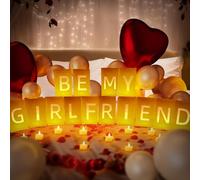 LACGO Decoración con texto en inglés "Be My Girlfriend", letras iluminadas con bolsas luminosas, velas de té, pétalos de rosa rojos y rosas, pancarta de Will You Be My Girlfriend, juego sorpresa para