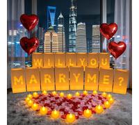 LACGO Decoraciones de propuesta, letrero de "Te casarás conmigo", letras iluminadas con 14 bolsas luminarias, 24 velas de té, 1000 pétalos de rosa rojos y rosas, pancarta de Will You Marry Me, juego