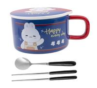 lachineuse - Cuenco de fideos instantáneos - Cuenco de ramen asiático - Porcelana - Diseño de conejo - 1000 ml - Tapa y cubiertos - Desayuno sopa - Idea de regalo Asia Japón China - Azul oscuro