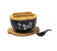 lachineuse - Cuenco grande de porcelana asiática - Sopa y fideos - Tinte negro ⌀ 16 cm - Estilo japonés Sakura - Capacidad 1000 ml - Cuchara, palillos y soporte - Decoración de regalo de vajilla japon