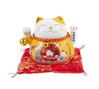 Lachineuse - Estatuilla de gato Maneki Neko - Símbolo Fortune - Brazo móvil - Puerta de la suerte tradicional japonesa - 10 x 12 x 10 cm - Porcelana, amarillo - Pila LR03 no incluida