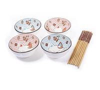 lachineuse - Estuche de 4 cuencos de gato japonés ⌀ 11 cm - Tazones de arroz, desayuno y sopa - Vajilla japonesa de porcelana - Con palillos - Maneki Neko - Regalo decorativo Kawaii Japón