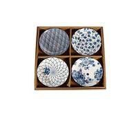 Lachineuse - Estuche de 4 platos japoneses - Asias huecas - 17,5 cm de estilo asiático - Color azul y blanco - Vajilla japonesa tradicional Zen - Idea de regalo Japón - Diseño de ondas flores