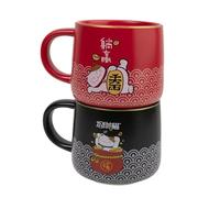 lachineuse - Juego de 2 tazas grandes con diseño de Maneki Neko - rojo y negro - diseño japonés - 435 ml - 8,5 x 9 cm - porcelana - Idea de regalo decorativo de Asia Japón