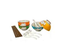 lachineuse - Juego de comida japonés con forma de gato Maneki Neko - 4 tazones, 4 pares de palillos, 4 cucharas - Tazones para arroz, desayuno y sopa - Vajilla japonesa colorida - Regalo japonés