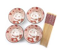 lachineuse Maneki Neko - Juego de 4 cuencos para arroz, desayuno y sopa, vajilla japonesa de porcelana con palillos, gato de la suerte, regalo japonés Kawaii Japón, blanco y rojo