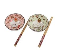 lachineuse Maneki Neko - Juego de cuencos para arroz, desayuno y sopa, dúo gourmand verde y rojo, porcelana con palillos, gato de la suerte, regalo japonés