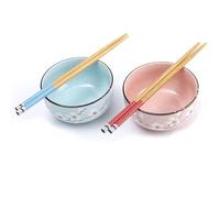 lachineuse - Set de 2 cuencos japoneses flores de cerezo rosa y azul ⌀ 11 cm - Tazones de arroz, desayuno y sopa - 2 pares de palillos - Cuenco asiático Japón Asia - Regalo de vajilla japonesa