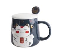 lachineuse - Taza con relieve - Decoración de gato Maneki Neko - Tono azul - Incluye cuchara - Decoración japonesa - Idea de regalo Japón Asia