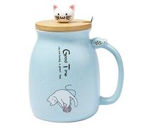 lachineuse - Taza de gato KawaII, color azul - Capacidad: 450 ml - con tapa y cuchara