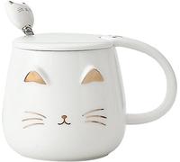 lachineuse - Taza de gato kawaii de 450 ml con tapa y cuchara - Cerámica blanca y dorada - Infusión para té y café - Original japonesa - Regalo de gatitos japoneses y asiáticos