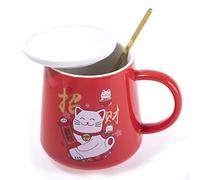 lachineuse - Taza de gato Maneki Neko 250 ml - Taza roja de porcelana con tapa y cuchara - Tazón japon original de té y café - Gato japonés Kawaii Lucky Cat - Idea de regalo de Japón Asia