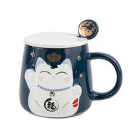 lachineuse - Taza en relieve, diseño de gato Maneki Neko, color azul, acompañada de una cuchara - porcelana - 8,5 x 9 cm - Decoración japonesa - Idea de regalo de Japón Asia
