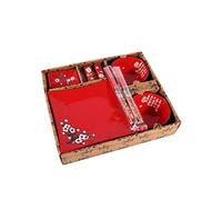 lachineuse - Vajilla japonesa roja - Vajilla tradicional japonesa - Tazones de arroz, platos, palillos y salchichas para 2 personas - Regalo Japón - Decoración de mesa asiática
