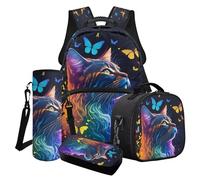 LACIYISON Juego de mochila de 4 piezas con bolsa de almuerzo, caja de lápices, bolsa de botella de agua, impermeable, para niños, regalo de vuelta a la escuela, Colorido leopardo gato mariposa, Talla