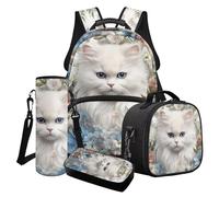 LACIYISON Juego de mochila de 4 piezas con bolsa de almuerzo, caja de lápices, bolsa de botella de agua, impermeable, para niños, regalo de vuelta a la escuela, Flor de gato blanco, Talla única, Juego