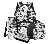 LACIYISON Juego de mochila para niños, mochila de viaje impermeable con bolsa de almuerzo, caja de lápices, bolsa de transporte para botellas de agua, Gato blanco y negro, Talla única, Juego de