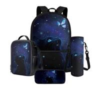 LACIYISON Mochilas con bolsa de hombro para almuerzo, bolsa de transporte de botellas de agua y caja de lápices, mochila ligera, Gato negro mariposa purpurina, Talla única, Juego de mochila escolar