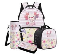 LACIYISON Rose Daisy Axolotl Stripes Print - Juego de 4 mochilas de viaje, mochila de escuela primaria con bolsa de almuerzo, bolsa para lápices y bolsa de transporte para botellas de agua, Rose Daisy