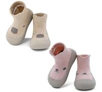 LACOFIA 2 Pares Zapatos Primeros Pasos Calzado Bebé Niñas Zapatillas Calcetines Antideslizantes Bebé con Suela de Goma Caqui+Rosa 6-12 Meses