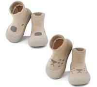 LACOFIA 2 Pares Zapatos Primeros Pasos Calzado Bebé Niños Niñas Zapatillas Calcetines Antideslizantes Bebé con Suela de Goma Caqui+Café 18-24 Meses